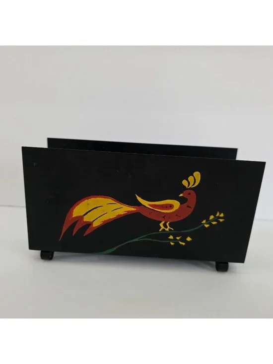 Hand-Painted Black Metal Letter Holder With Colorful Bird Design
