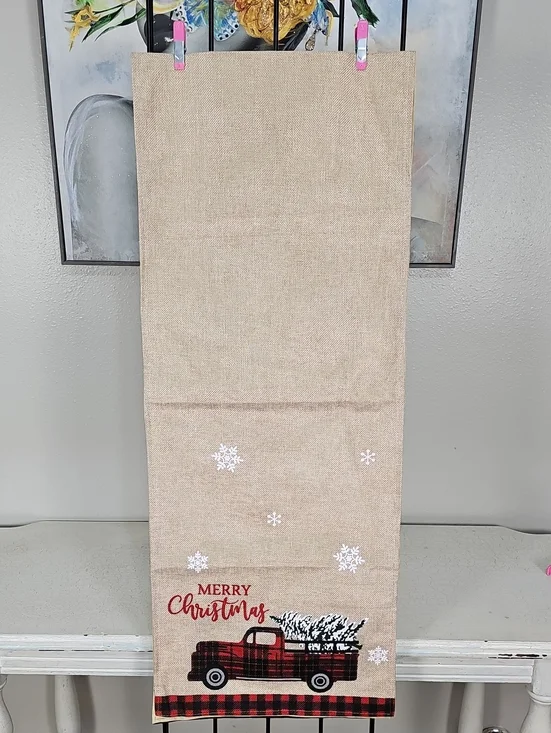Merry Christmas Plaid Truck Burlap Table Runner