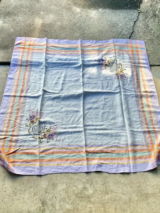 Antique Embroidered Tablecloth Floral Flowers Pastel Stripes Cross Stitch Summer