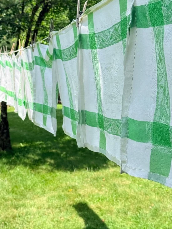12 Vintage 1940s Damask Napkins Green and White Linen 17 X 15 in A Dozen