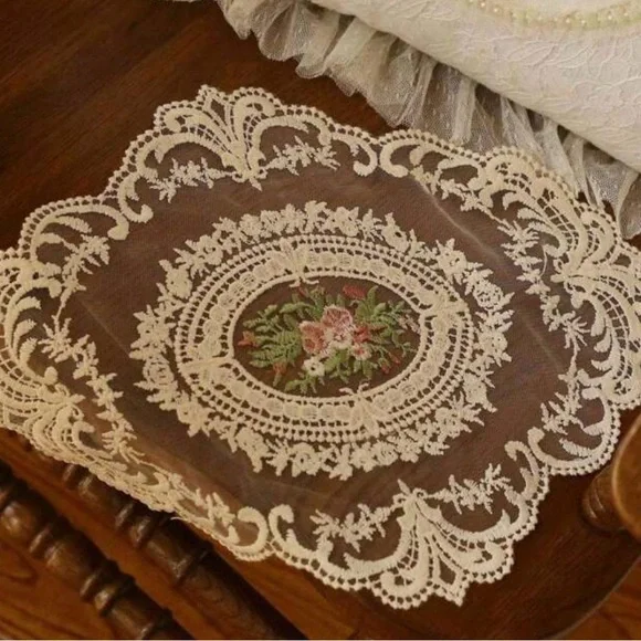 Vintage-Inspired Cream Lace Doily with Floral Embroidery