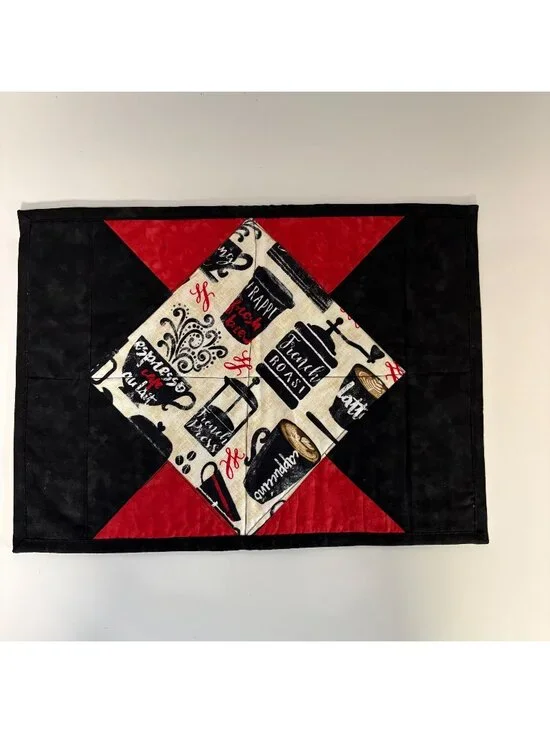 Coffee Themed Swirls Reversible Quilted Placemats Set Of 2 Red Black 16.75x12in
