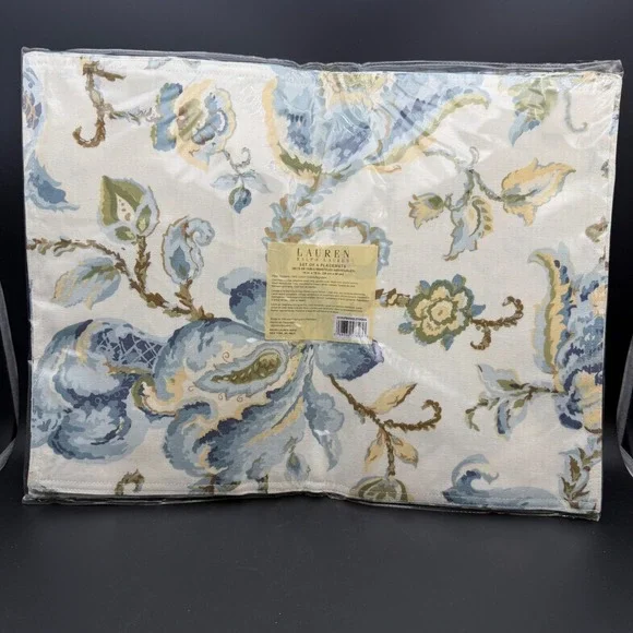 LRL Ralph Lauren Placemats Set of 4 Hadley Aqua Blue Floral 14x19 Cotton Cottage
