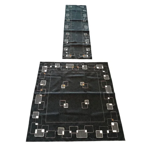 MCM Geometric Embroidered Tablecloth and Runner Set Charcoal Grey Square 33x33