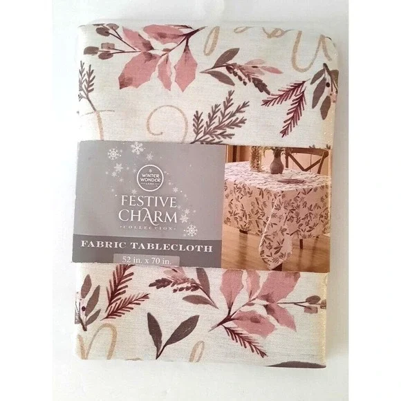 Winter Wonder Lane Festive Charm Fabric Tablecloth 52x70 Metallic Floral Holiday
