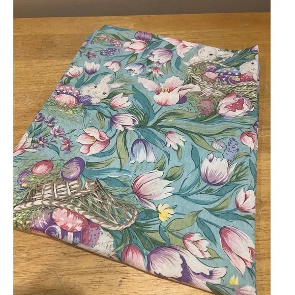 Vtg Easter Bunny Eggs Basket Floral Fabric Tablecloth 52x66