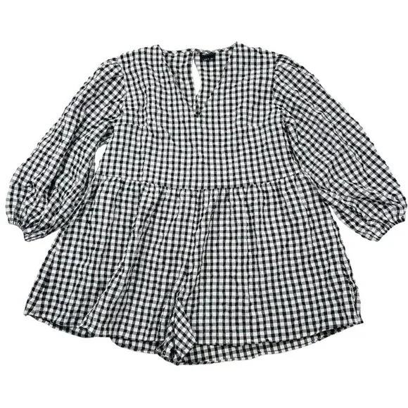 ASOS Design 14 Gingham Checkered Romper Black White Picnic Brunch Summer Party