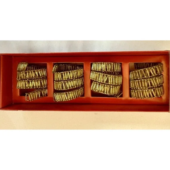 Vintage Pier 1 Gold Beaded Spiral Napkin Rings Ring Set of 4 NOS