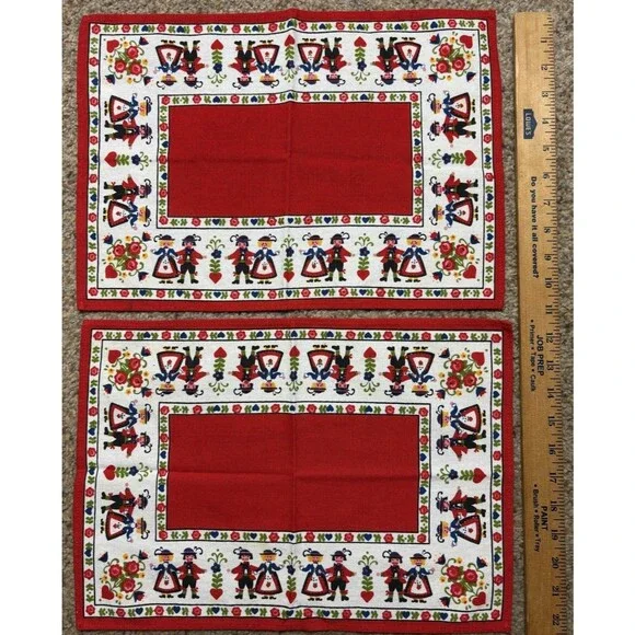 Vintage Folk Art Cotton Placemats Pair Dutch Scandinavian 100% Baumwolle