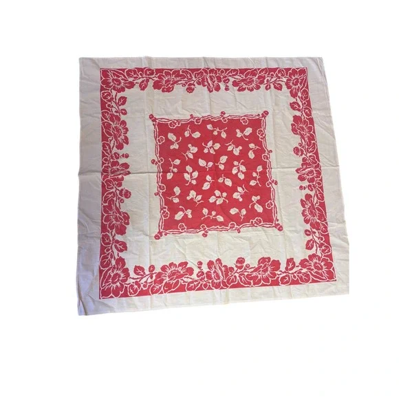 Vintage Red White Floral‎ Square Card Table Tablecloth Screen Print MC 43x43