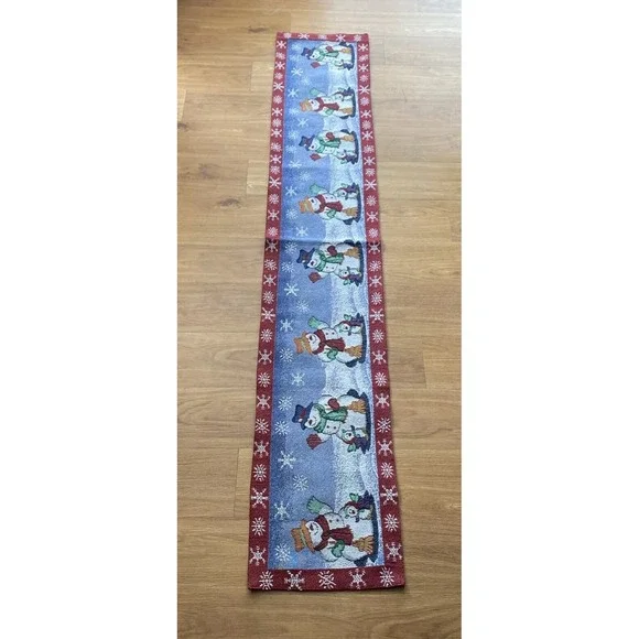 Snowman Tapestry Table Runner Christmas 72x13 Blue‎ Red Holiday Decor