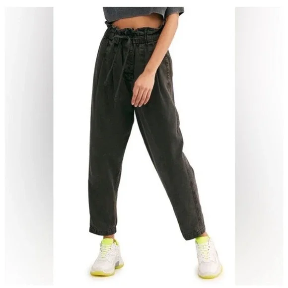 Free People Margate Pants Womens XS Black Paperbag Waist Pleated Drawstring Boho
