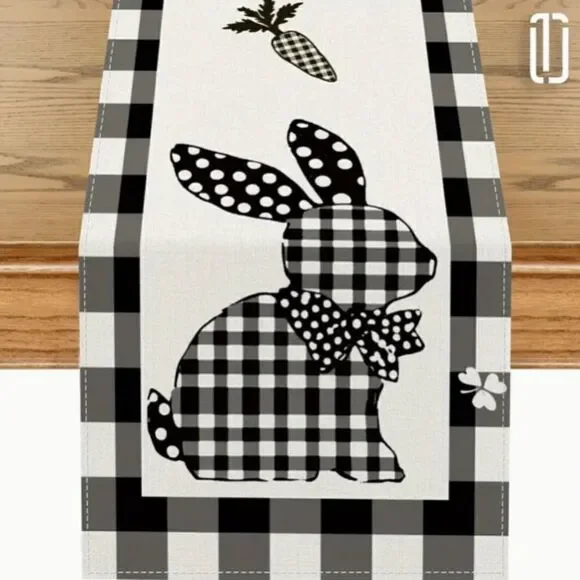 Buffalo Plaid Easter Bunny Rabbit Fabric Table Runner Decor Spring 13x72 inch