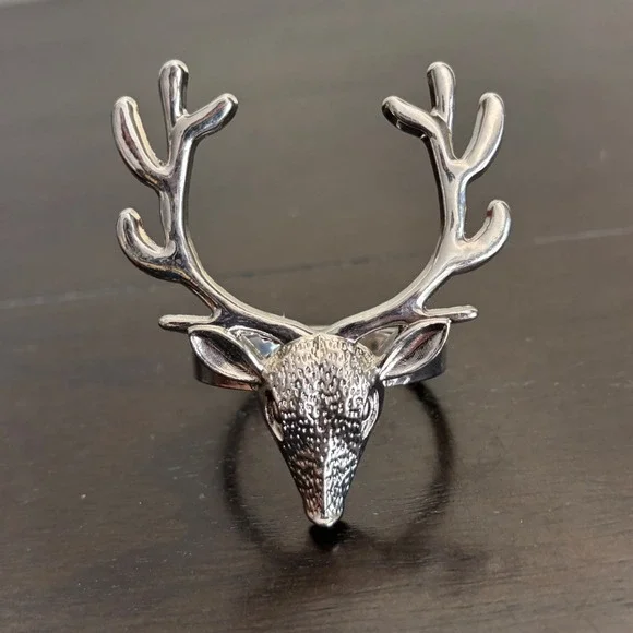 Silver Stag Head Napkin Rings | Set of 8 | Deer Antler Holiday Table Decor