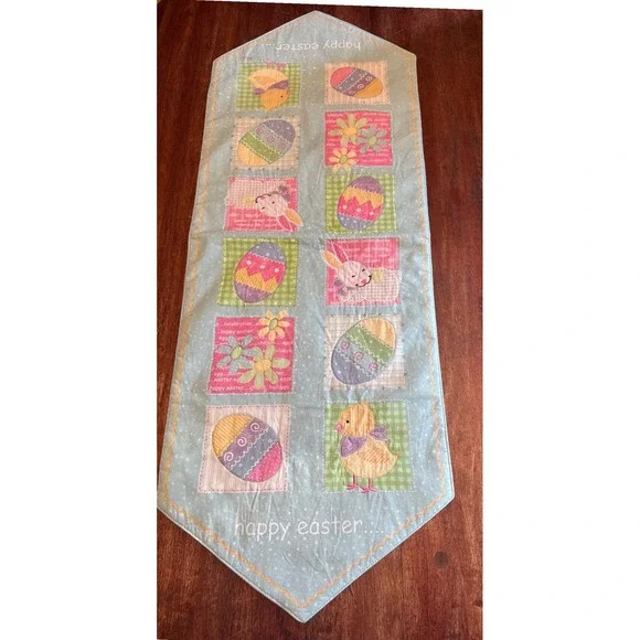 Happy Easter Quilted Table Runner Blue Polka Dot Bunny Chick‎ Eggs 13x36 LLL