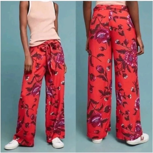 By Anthropologie Wide Leg Margo Trouser Pants Sz 8 30/29 Red Floral Cottage Nwt