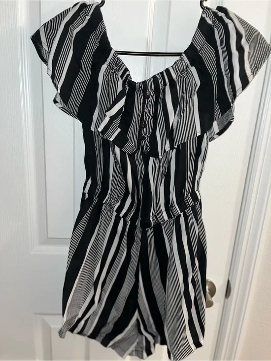 Derek Heart Black and White Striped Off-Shoulder Romper
