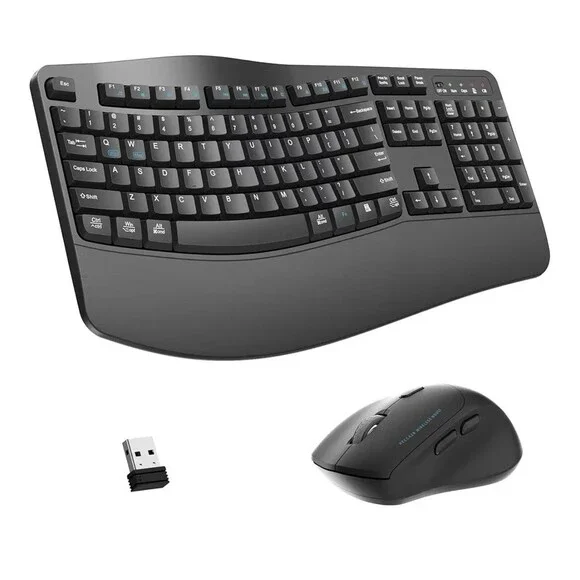Wireless Keyboard and Mouse Combo,2.4G Full Size Wave Keys Ergonomic Keyboard