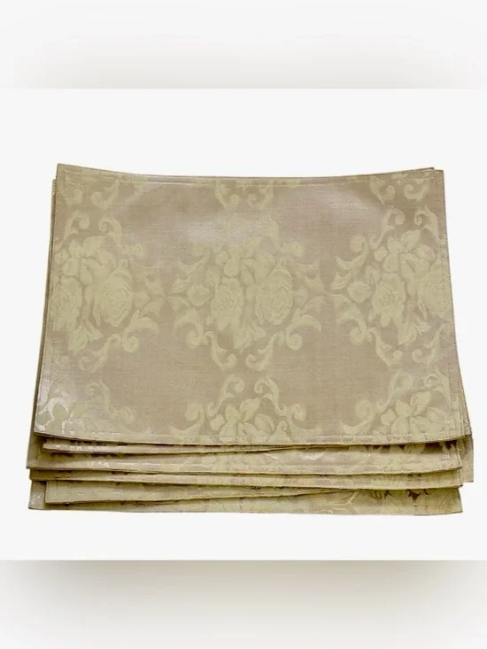 Damask Jacquard Champagne Gold Placemat Set of 6 Rectangle Elegant Roses 17.5x13