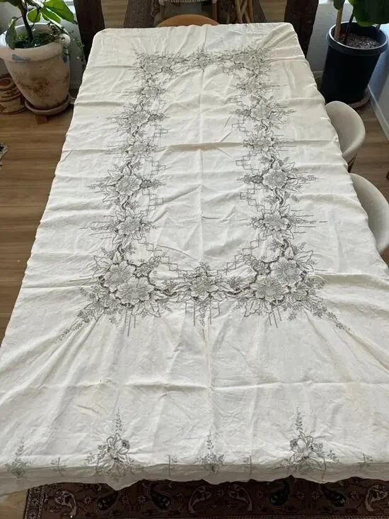 Vintage Hand Embroidery Floral Linen Tablecloth Ivory Rectangular 98