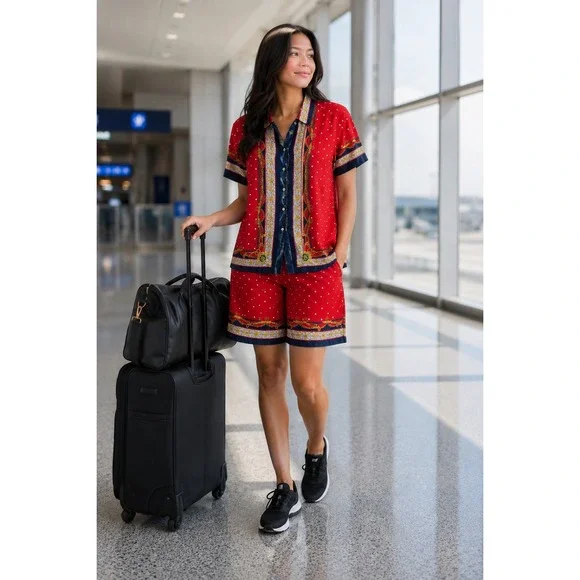 Vintage Liz Sport Red Polka Dot Chain Print Rayon Shirt and Shorts Set‎ PS S