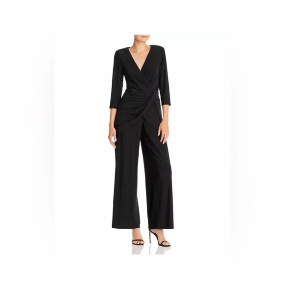 Adrianna Papell Black Wrap-Front Draped Cascade Wide-Leg Jumpsuit Romper Size 14