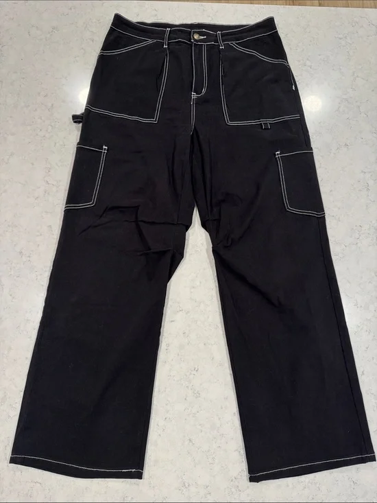 NWT DOKOTOO Sz 14 Carpenter Utility Cargo Jeans High Waist White Stitch Stretch