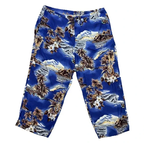 Vintage Hilo Hattie Hawaiian Capri Pants Women's L Blue Tropical Island Zip