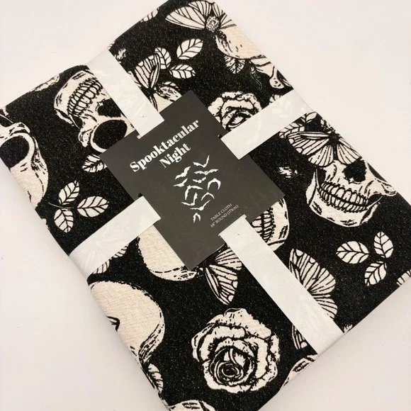 Mireille Designs Spooktacular Night Skull Butterfly Round Tablecloth 68in Black