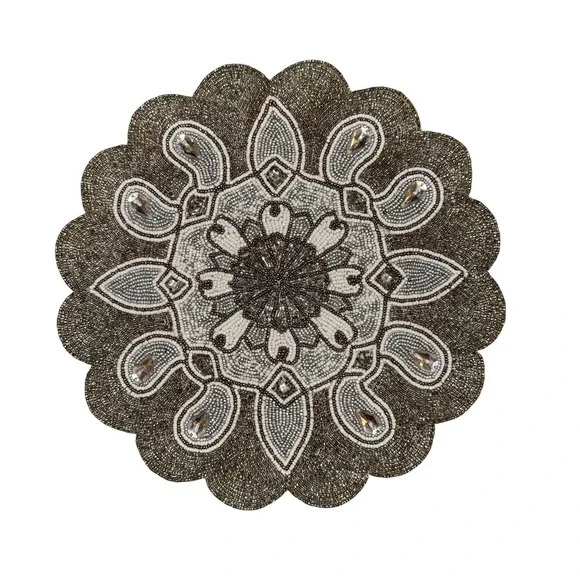 Pier 1 Imports Placemat Home 15in Silver Good Beaded‎ Crystal Mandala Scalloped