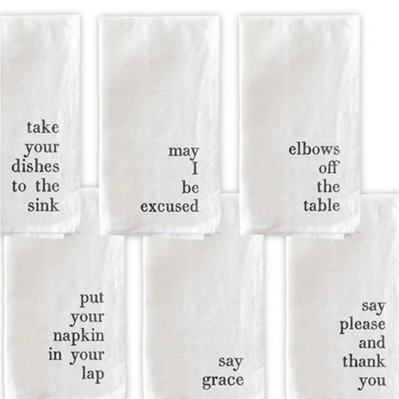 White Cotton Fabric set of 6 Napkins. With funny sayings. Will make you laugh 😆