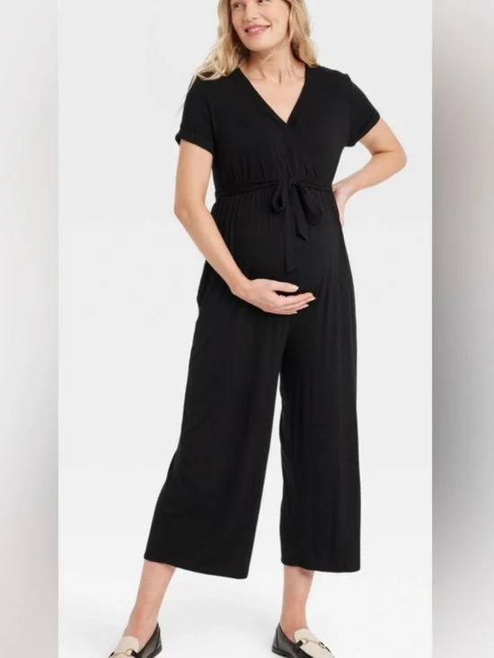Isabel Maternity Breastfeeding Friendly Black Short-Sleeve Wrap Jumpsuit