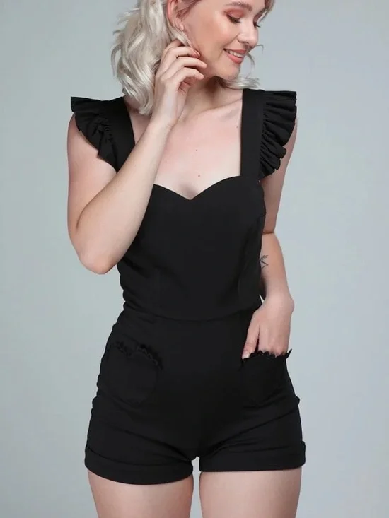 NWT Collectif London Heart Pocket Lisa Black Playsuit Ruffle Romper