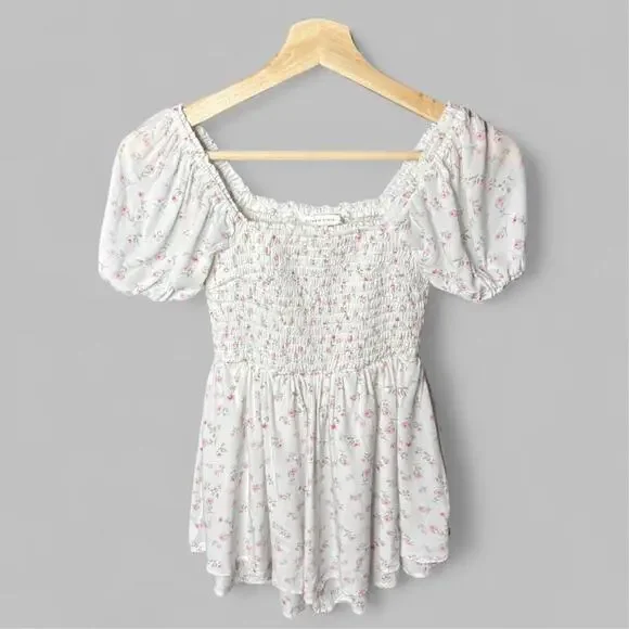 Altar'd State White Pink Floral Smocked Puff Sleeve Romper XS