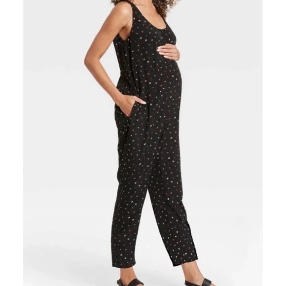 The Nines by HATCH Anthropologie Maternity Jumpsuit Ditsy Floral Black Medium