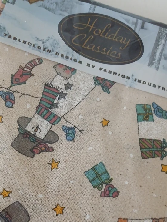 Vintage Holiday SNOWMAN LAND Tablecloth 100% Cotton 60x84