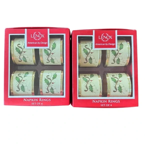 Lenox Nouveau Holly Berry Napkin Rings Set of 8 Christmas Holiday Gold Trim