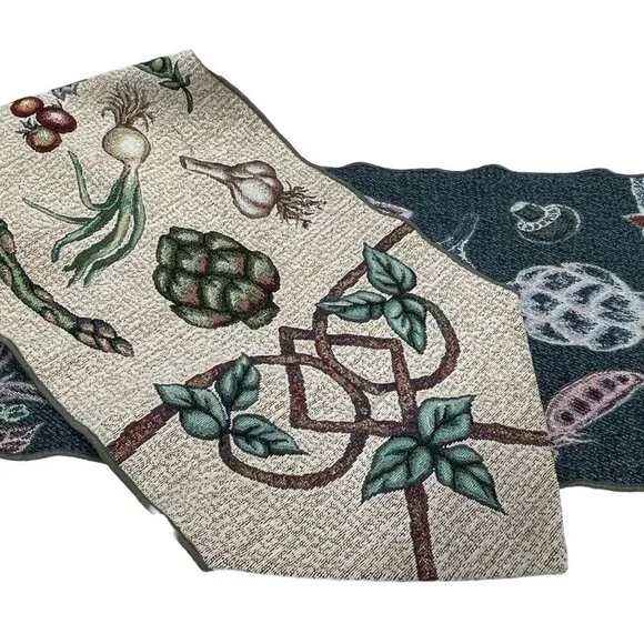 Vegetable Print Tapestry Table Runner 70s Kitchen Decor 12x64 Beige & Green‎