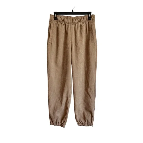 Zara Tan Faux Suede Joggers High Waist Ankle Zip Elastic Waist Pants Brown