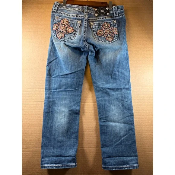 Miss Me Boyfriend Jeans Womens 27 Blue Distressed Embroidered Mid Rise 30x24