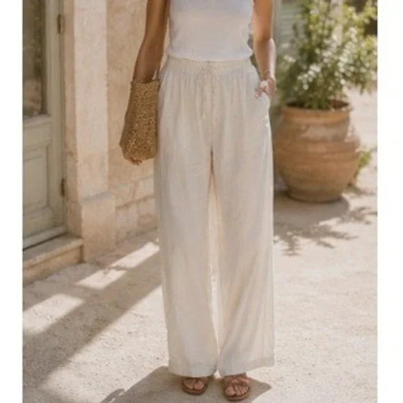 Linen Blend Straight Leg Pants Medium Cream Coastal Euro Summer Boho Fisherman