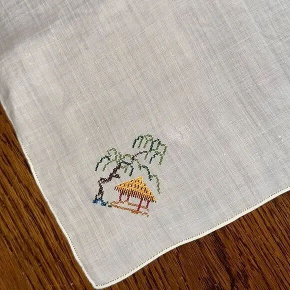 Vintage linen/muslin handkerchief or napkin with embroidered pagoda‎ & tree