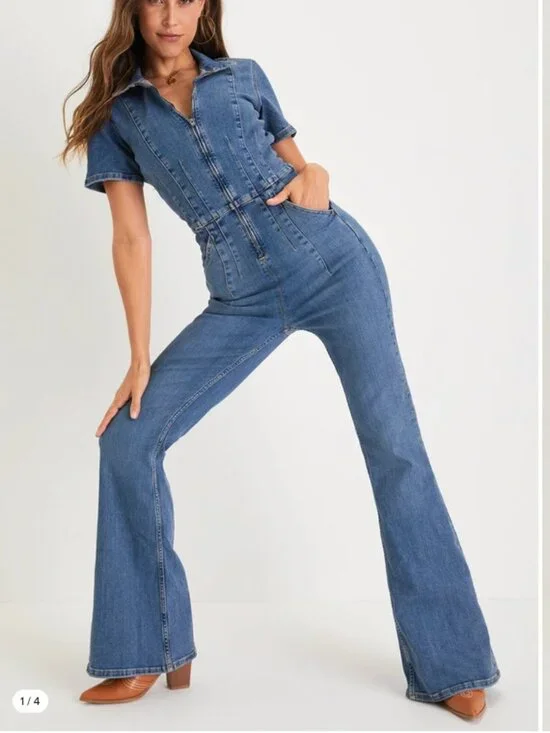 Free People We The Free Jayde Jumpsuit Size M Classic Boho Denim