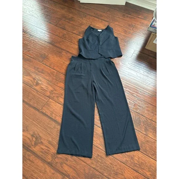 Skies Are Blue Curvy 1X Navy Blue 2-Piece Vest & Wide Leg Pants Matching Set
