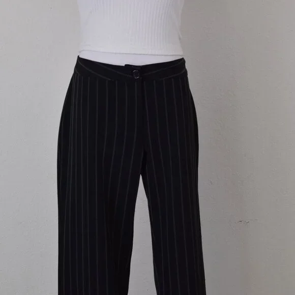 Vintage 90s Low‎ Waist Black Pinstripe Flat Front Trousers | 34 waist