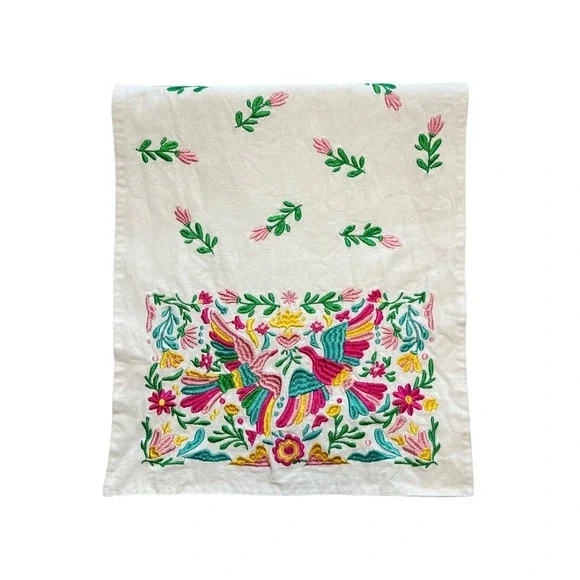 White Pink Green 100% Cotton Bird Floral Embroidered Folk Art Table Runner