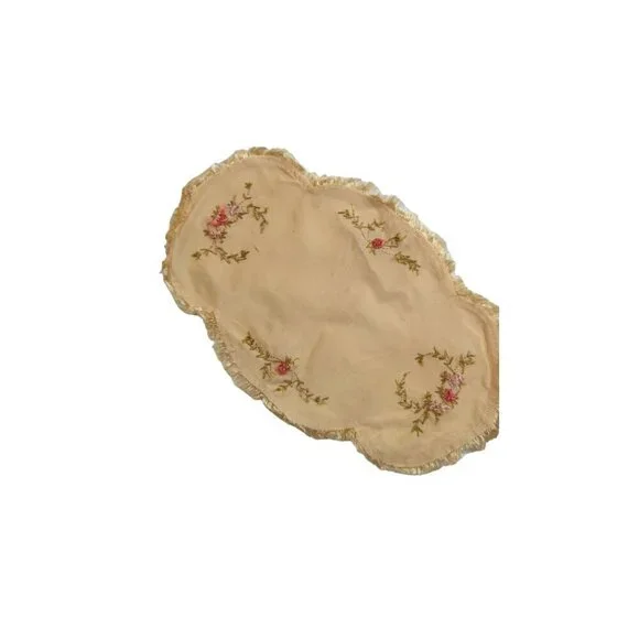 Vintage Floral Embroidered Doily Cream‎ Oblong Table Runner Fringe Trim 15.5x9.5