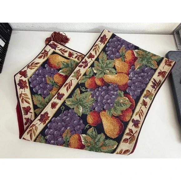 Vintage Woven Tapestry Table Runner Fruit Grapes Pears Harvest Decor w/Tassels
