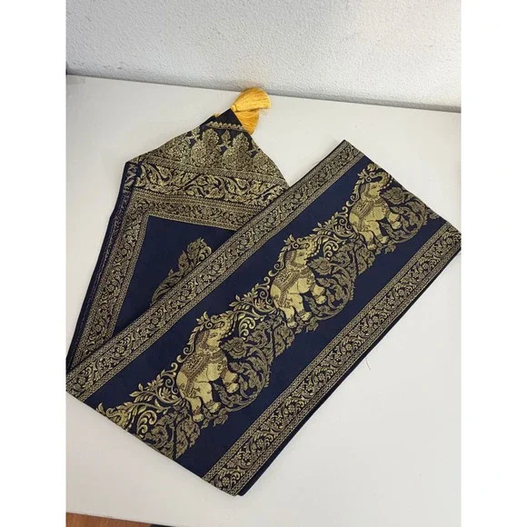 Thai Silk Table Runner Navy Blue Gold Elephant Brocade Tassel Trim 72 Inch Boho