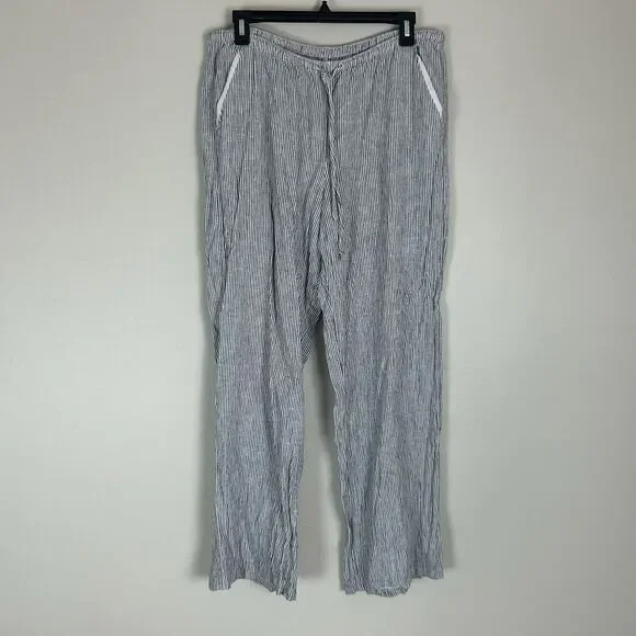 Hollister M Beach Pants Linen Stripe Blue Mid Rise Wide Leg Drawstring Coastal